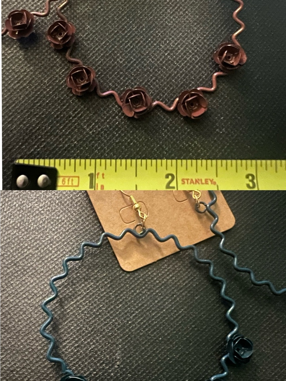 Rose Accent Wavy Hoop Earrings - Dark Brown & Teal